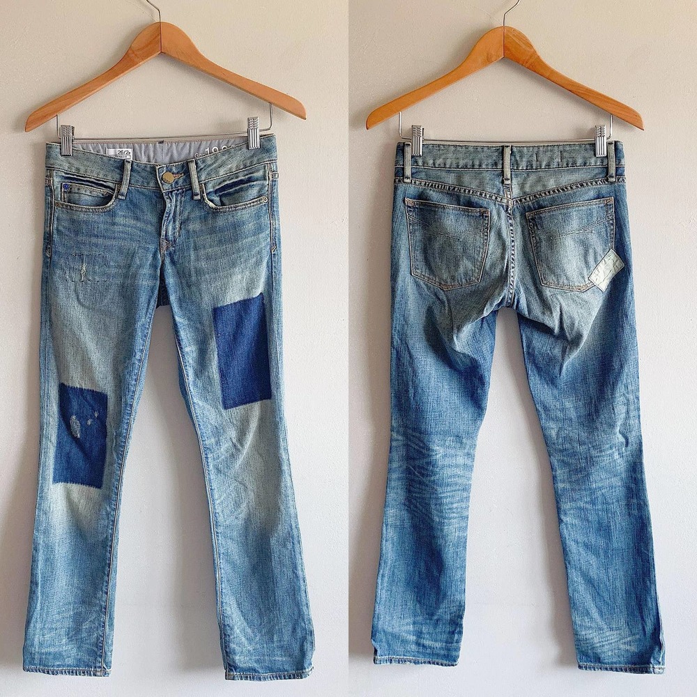 GAP Women's Straight Leg Jeans in Light Blue with Dark Blue Patchwork